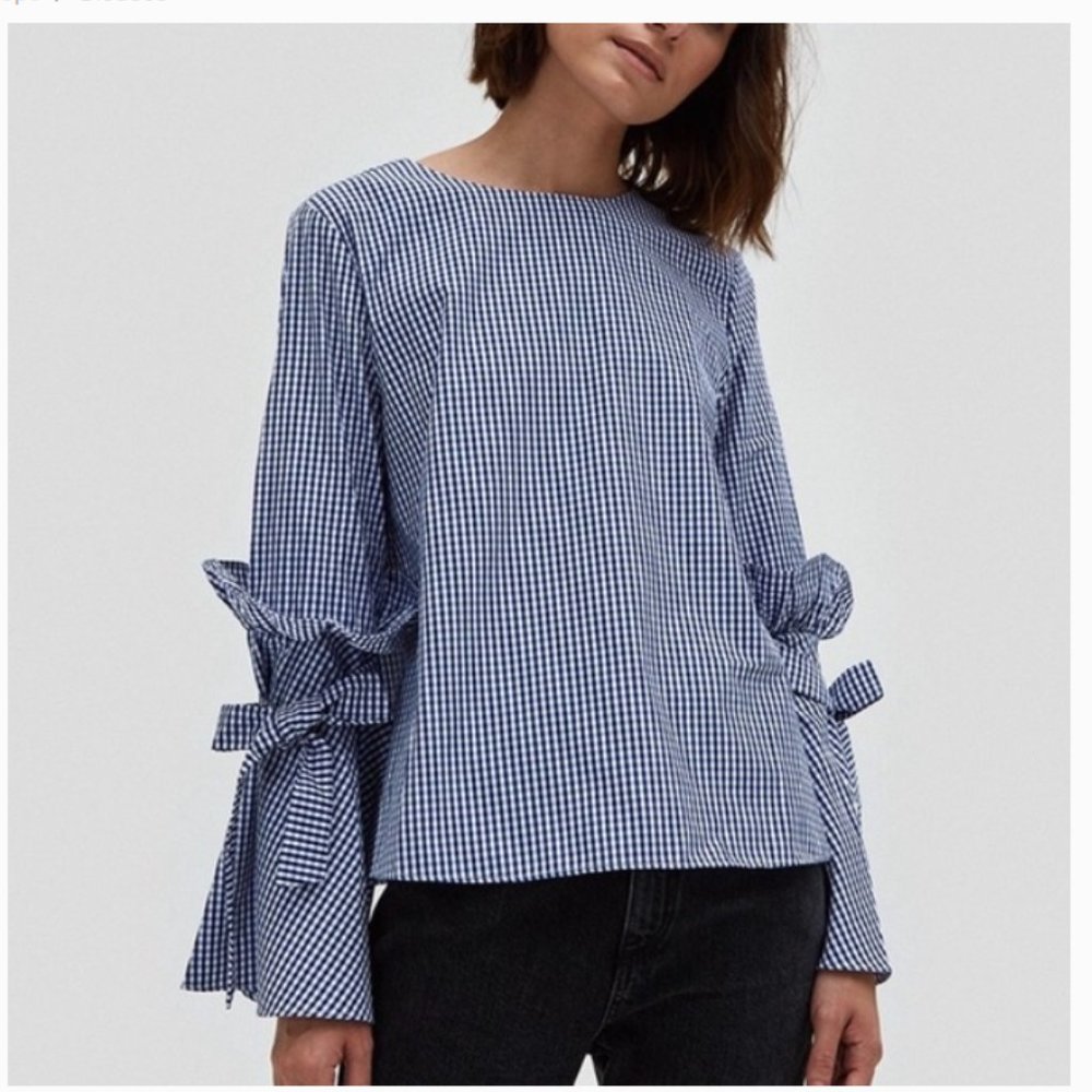 NWT Farrow Gingham Long Sleeve Bell Sleeve Blouse White Blue